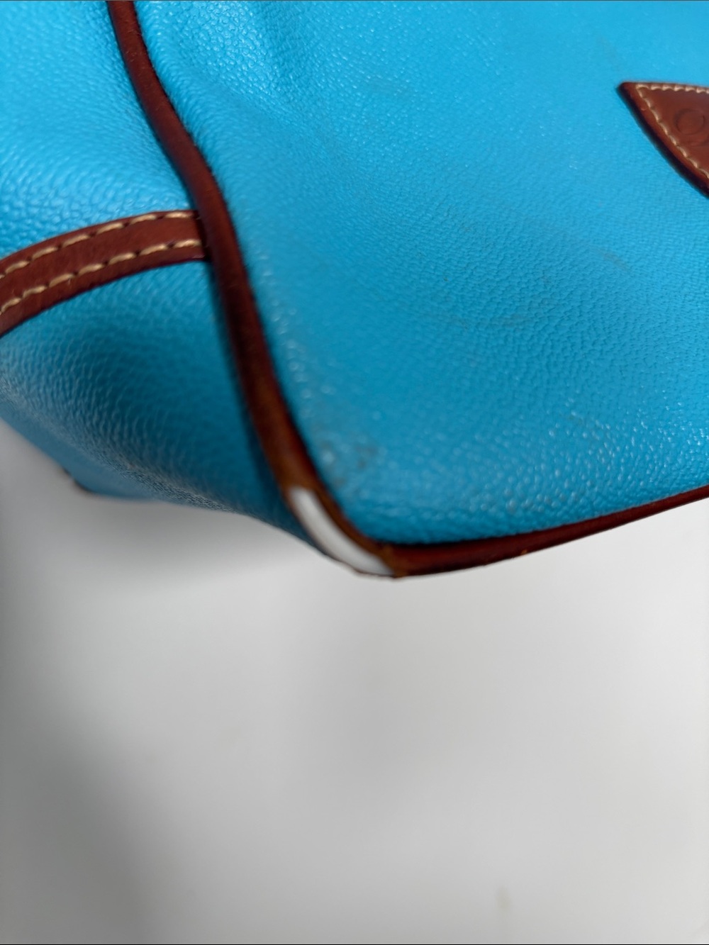 Doonie &Bourke TurquoiseTote with Brown Leather Trim ( some damage on bottom edg - Picture 3 of 5